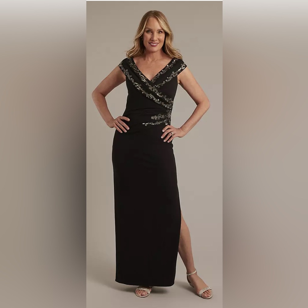 Oleg Cassini Black Maxi Dress with Silver Accents NWT Size 10